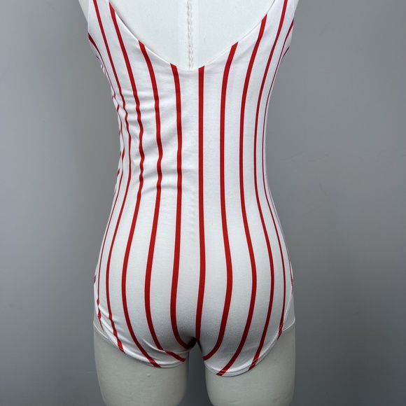 ON THRED UP - Gaze Red&White Striped Bodysuit Tank Rope Strap Double Lining - Picture 2 of 15